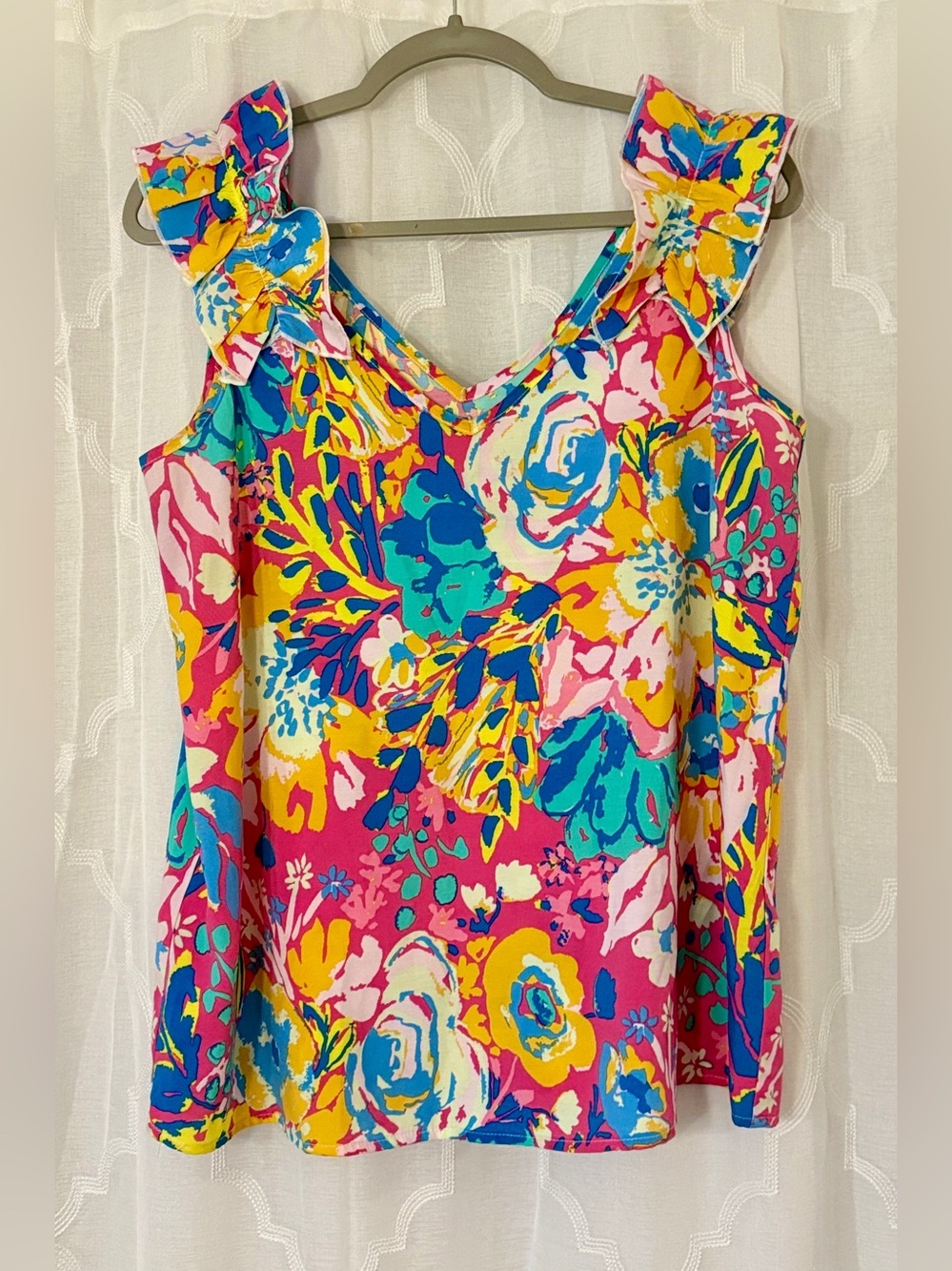 Mud Pie Small Multicolor Floral Ruffle Strap Tank Top
